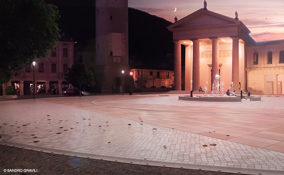 Perspective view of Piazza Marconi, Valdobbiadene, a competition project by Sandro Gravili