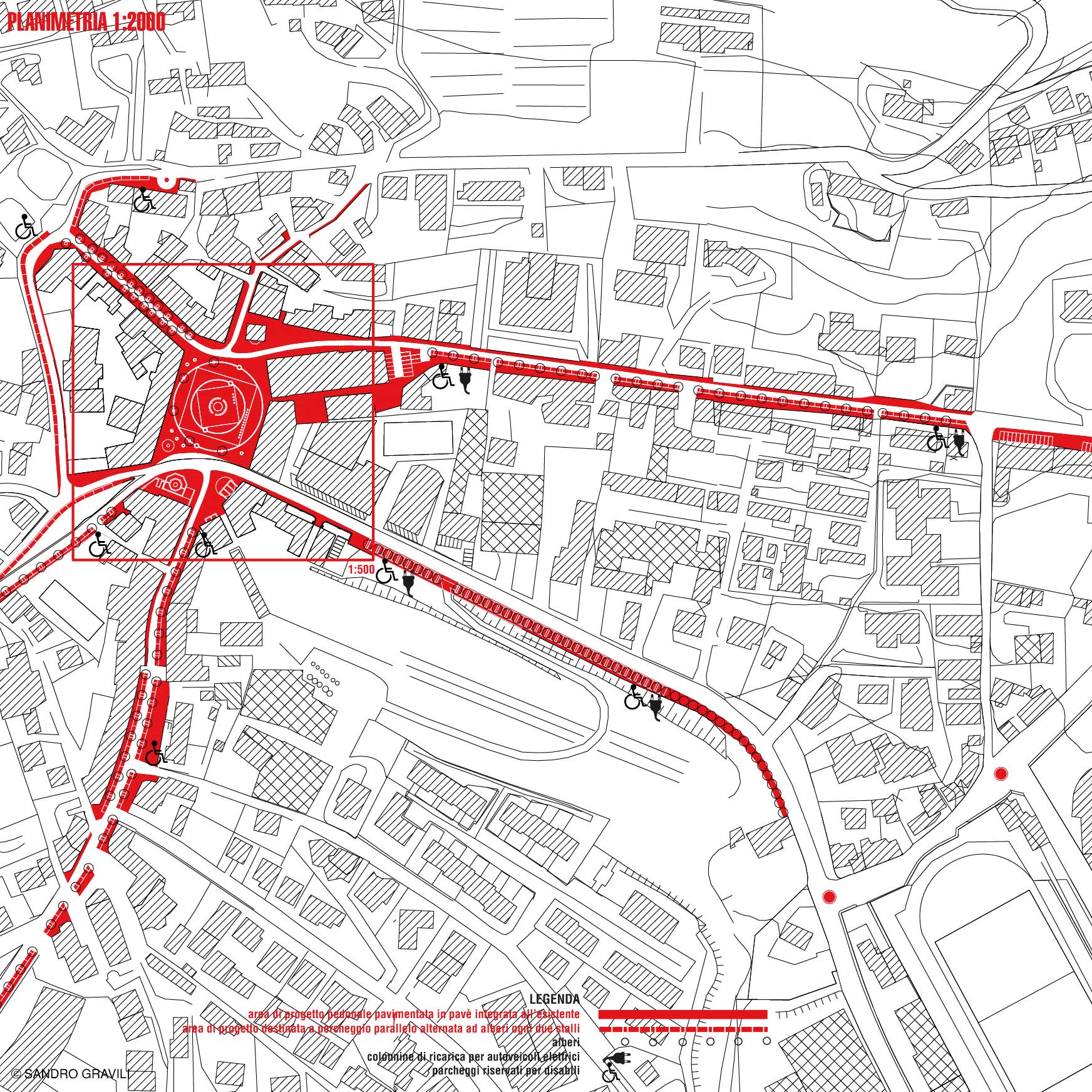 1:2000 plan of Piazza Marconi Valdobbiadene, a competition project by Sandro Gravili