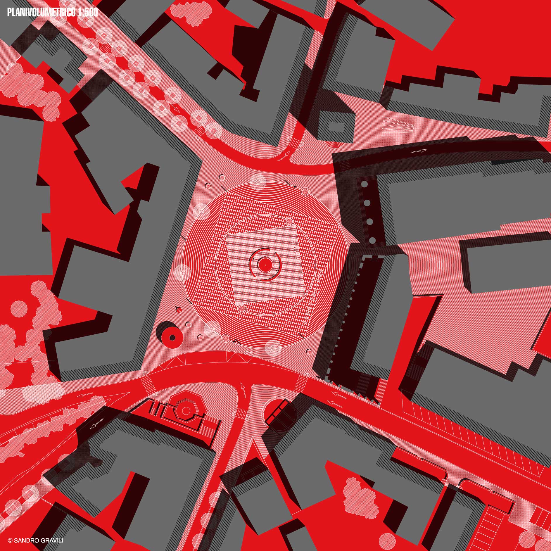 Planivolumetric 1: 500 of Piazza Marconi Valdobbiadene, a competition project by Sandro Gravili